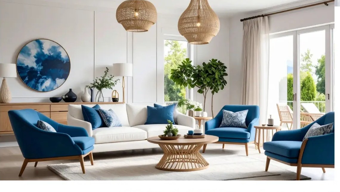 Bright shared living room with blue armchairs and natural light at House of Purpose